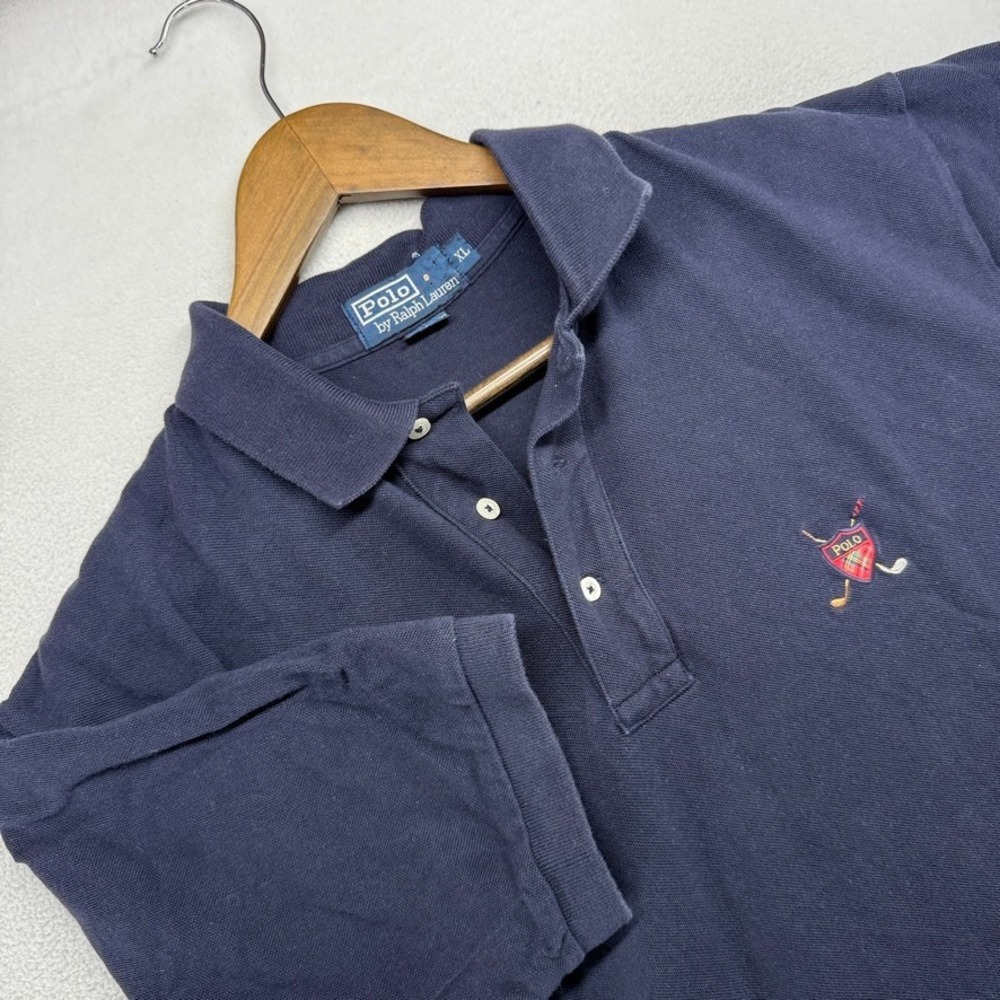 Vintage Ralph Lauren Polo Shirt Mens XL Blue Navy Crest Golf Clubs Preppy 90s